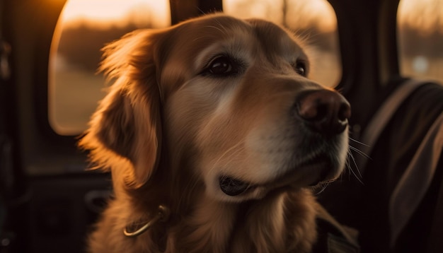 Chiot mignon assis dans une voiture prêt pour le voyage généré par l'IA