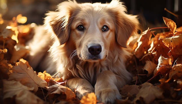 Photo chiot mignon assis dehors jouant dans les feuilles d'automne générées par l'intelligence artificielle