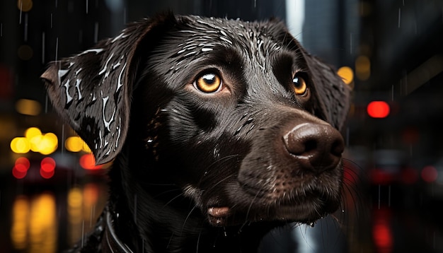 Chiot mignon assis dehors mouillé par la pluie regardant la caméra générée par l'intelligence artificielle