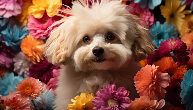 Chiot mignon assis à l'extérieur regardant la caméra avec un chien de race pure généré par l'intelligence artificielle