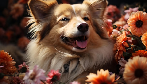 Chiot mignon assis à l'extérieur regardant une fleur moelleuse et ludique générée par l'intelligence artificielle