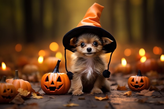 Chiot mignon en chapeau de sorcière sur Halloween animal de compagnie drôle avec citrouilles générative AI Portrait de petit chien sur fond orange Hallowen fêtard animal automne et octobre concept