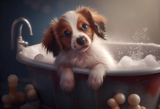 Chiot mignon chien dans la baignoire animaux de compagnie nettoyage studio tourné Générer Ai
