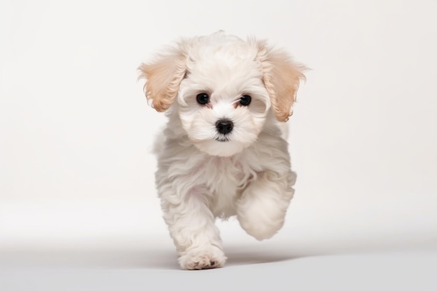 Chiot mignon de chien Maltipoo posant en cours d'exécution isolé sur fond blanc de studio Animal ludique