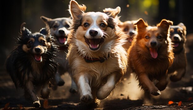 Photo chiot mignon courant dehors, jouant avec des amis dans la nature généré par l'ia