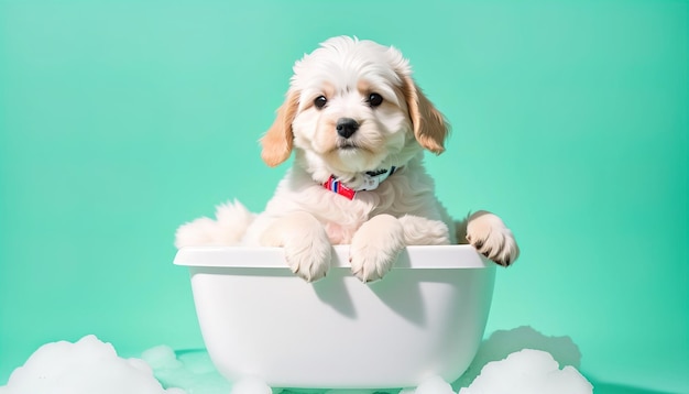 Chiot mignon dans une bannière de bain moussant AI générative