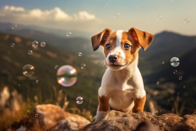 chiot mignon dans les montagnes et bulles de savon autour