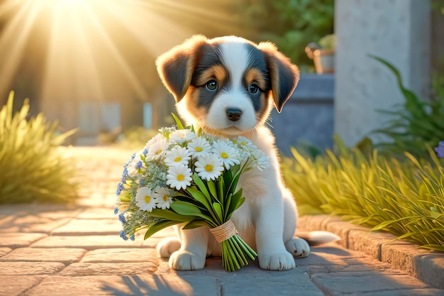 Un chiot mignon demande pardon et donne des fleurs.