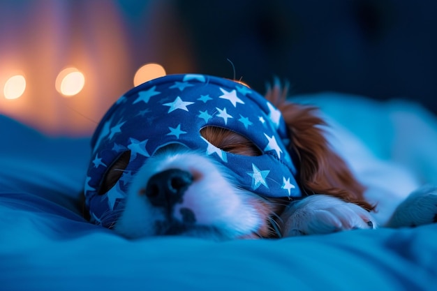 Chiot mignon dormant dans son lit et portant un masque de sommeil bleu avec étoiles