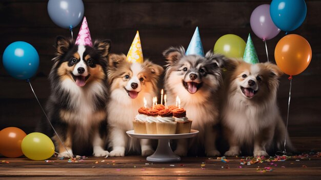Photo un chiot mignon fête son anniversaire avec des amis portant une fête