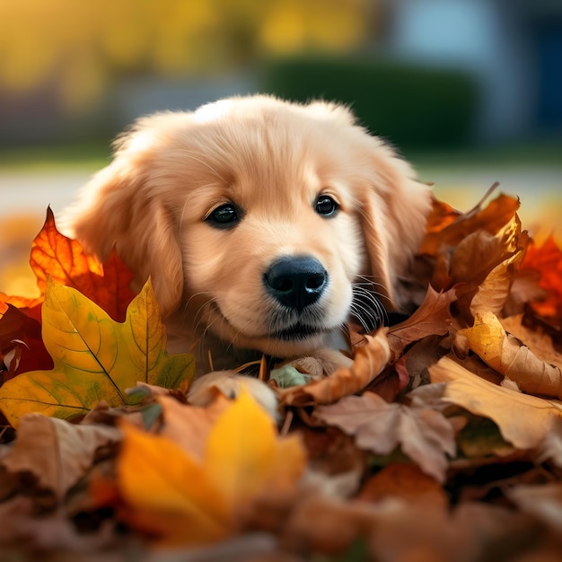 Chiot mignon avec des feuilles