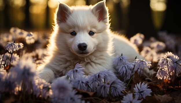 Chiot mignon jouant dans un pré profitant de la beauté de la nature générée par l'intelligence artificielle