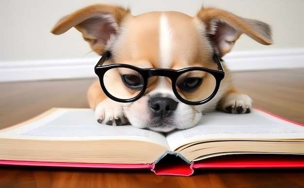 Chiot mignon avec un livre sur les histoires au coucher