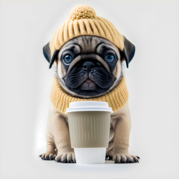Chiot mignon portant un bonnet en laine tricoté tenant une tasse de café illustartion