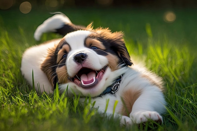 Chiot mignon roulant dans l'herbe avec sa langue pendante