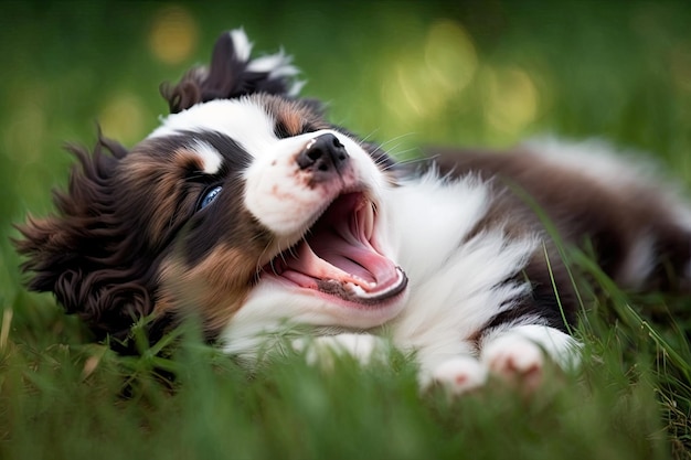 Chiot mignon roulant dans l'herbe avec sa langue pendante