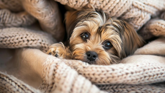 Photo un chiot moelleux câliné dans une couverture confortable son expression paisible un spectacle apaisant à regarder