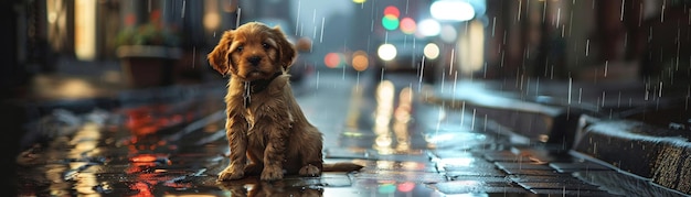 Un chiot mouillé désespéré assis dans une rue trempée de pluie