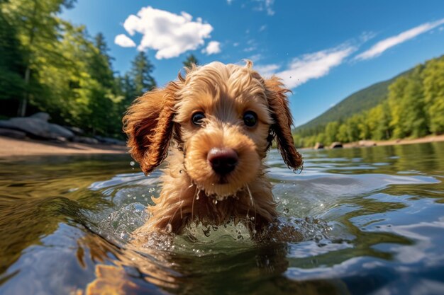 Un chiot nageant dans un lac