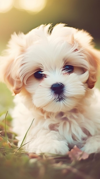 Un chiot avec un nez noir et un visage blanc est allongé dans l'herbe.