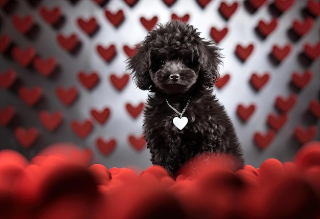 un chiot noir et blanc se tient devant des cœurs dans le style de brun foncé et cramoisi