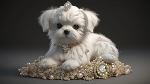 Un chiot sur un oreiller avec des diamants