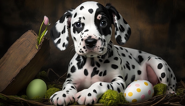 Un chiot avec un panier d'oeufs de pâques