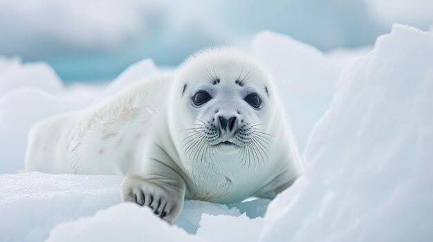 Un chiot de phoque harpe repose sur la glace de la mer Blanche