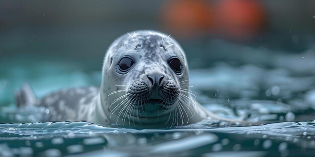 Un chiot de phoque de port enjoué sortant la tête de l'eau et regardant en arrière avec une expression curieuse Concept de photographie de la faune phoques de port animaux marins expressions curieuses