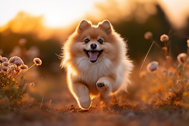 Photo un chiot de poméranie court dans le parc au coucher du soleil.