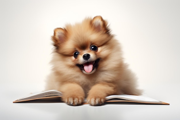 Photo un chiot de poméranie avec un livre souriant allongé sur le livre