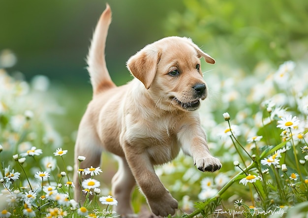 un chiot qui court dans un champ de fleurs avec une photo d'un chien qui court