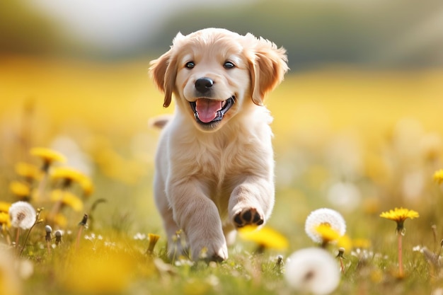 Un chiot qui court joyeusement à travers le pré