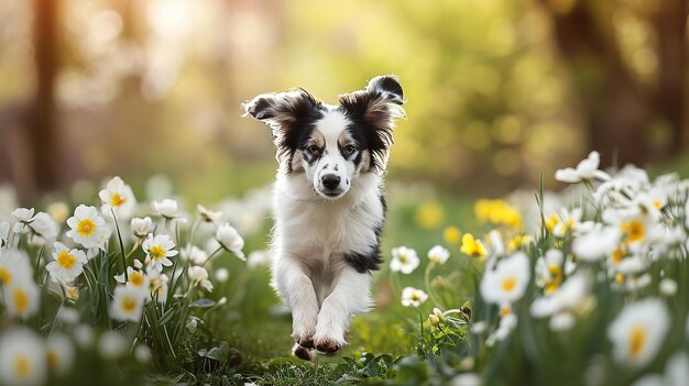 Un chiot qui court à travers le champ dans les fleurs.