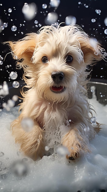 Un chiot qui prend un bain de savon Génératif Ai