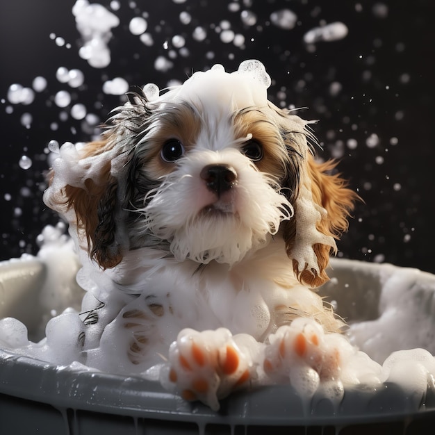 Un chiot qui prend un bain de savon Génératif Ai