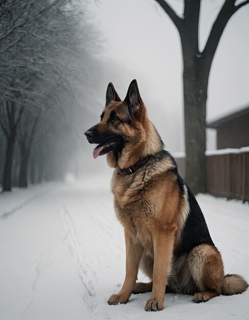 Photo chiot de race de berger allemand se promène dans le parc d'hiver