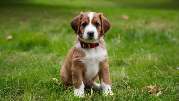 Un chiot de race en collier assis sur l'herbe dans le parc