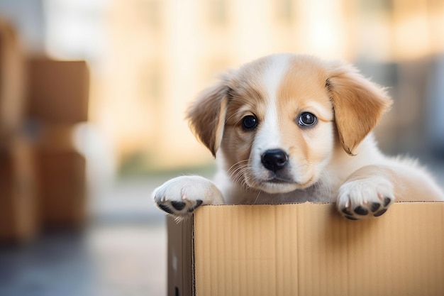 Chiot regardant hors de la boîte en carton