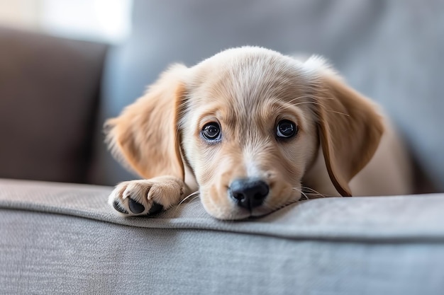 Un chiot regarde par-dessus le bord d'un canapé.