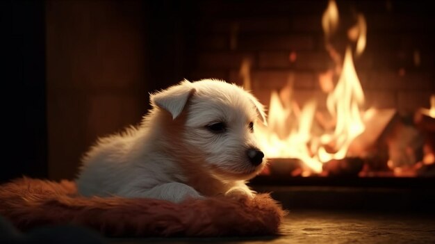 Chiot rêvant à côté du feu rougeoyant