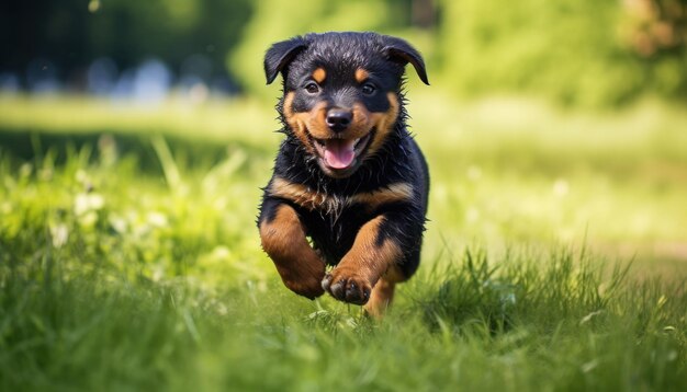 Un chiot de rottweiler enjoué court dans l'herbe verte.