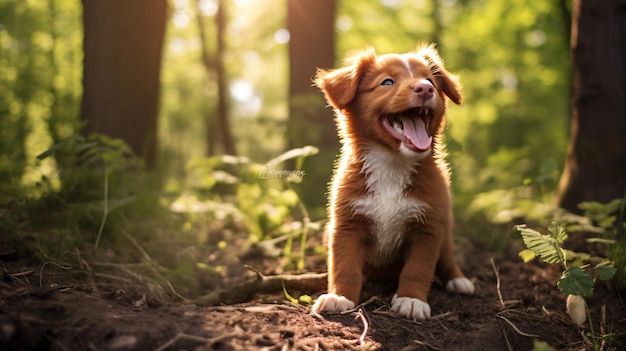 Un chiot rouge joyeux qui aboie dans la nature