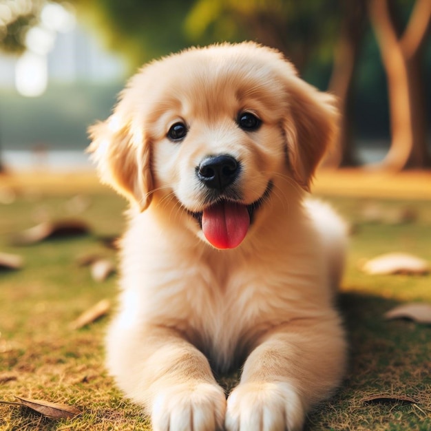 un chiot avec sa langue accrochée est allongé sur le sol