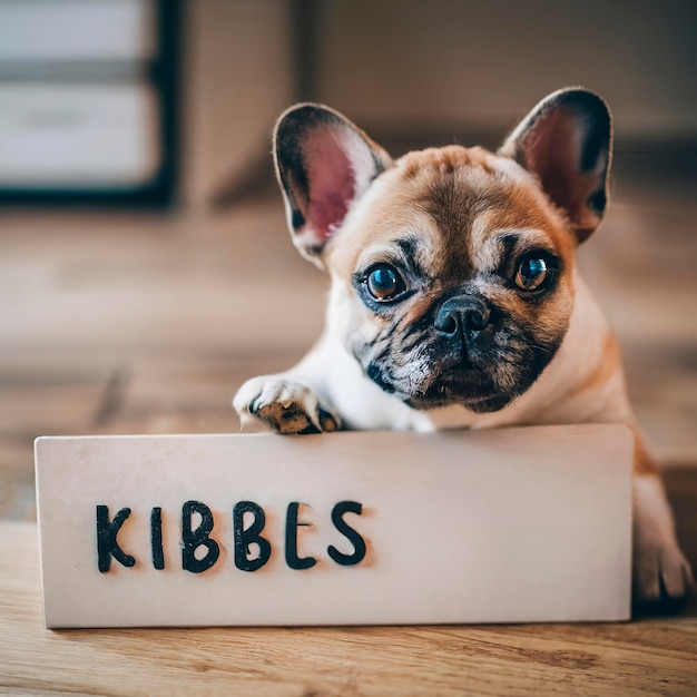 chiot avec ses yeux de chiot attendant ses croquettes dans la cuisine