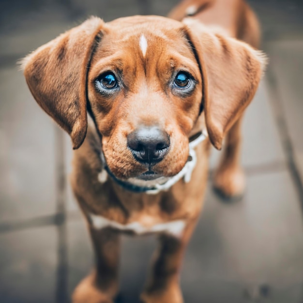 chiot avec ses yeux de chiot attendant ses croquettes dans la cuisine