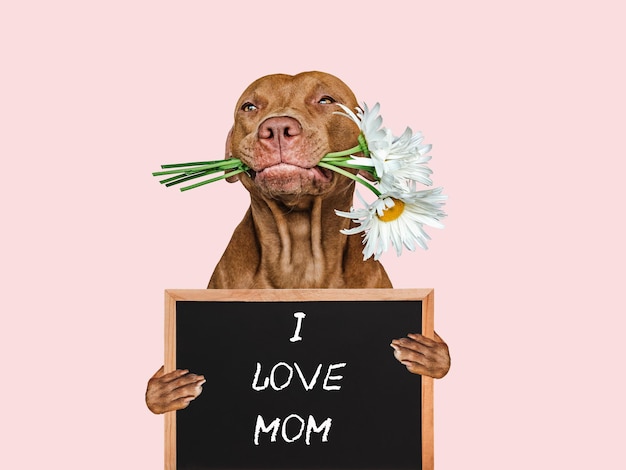 Photo chiot et un signe avec des mots d'amour pour maman