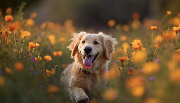 Un chiot souriant joue dans le pré vert généré par l'IA