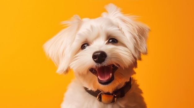 Un chiot souriant radiant pose en solo sur un fond jaune avec une IA générative