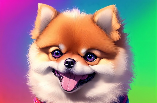 Chiot spitz mignon avec la bouche ouverte sur fond multicolore lumineux Portrait de petit chien avec fourrure pelucheuse souriant montrant la langue IA générative